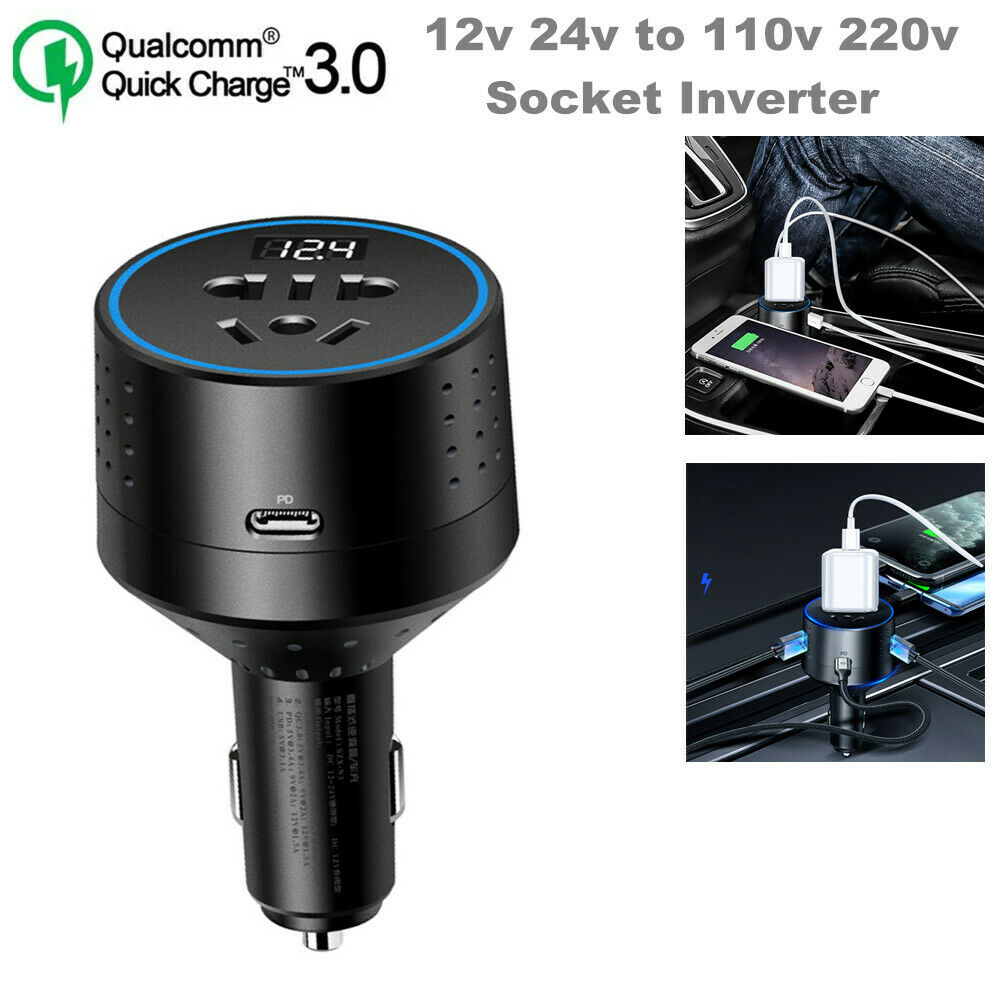 12v 24v to 110v 220v Socket Inverter 3.1A Car Quick Charge USB Port Mobile Phone