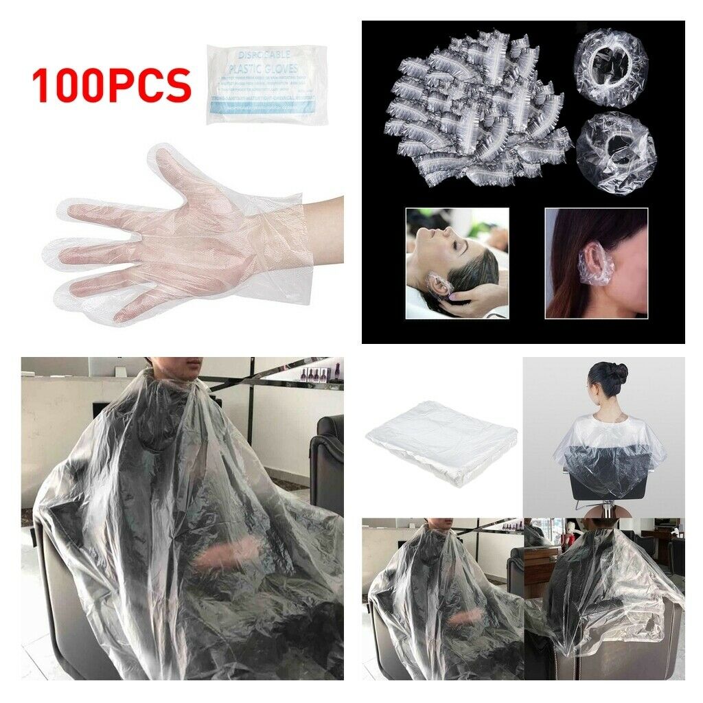 100Pcs Disposable Hair Cutting Gown Capes Clear + 100pcs Ear Cover / Gloves