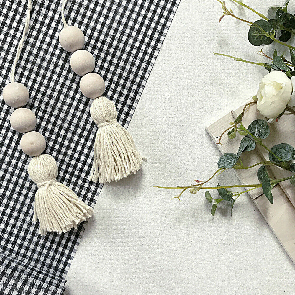 2x Natural Cotton Thread Wooden Bead String Tassel Closet Door Drawer Handle