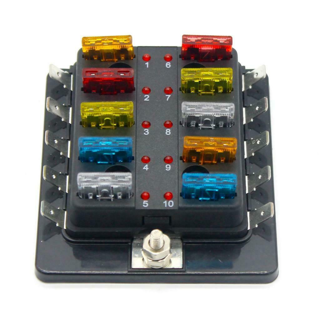 10 Way Universal Car Truck Boat Blade Fuse Box Holder Block w/ LED Indicator