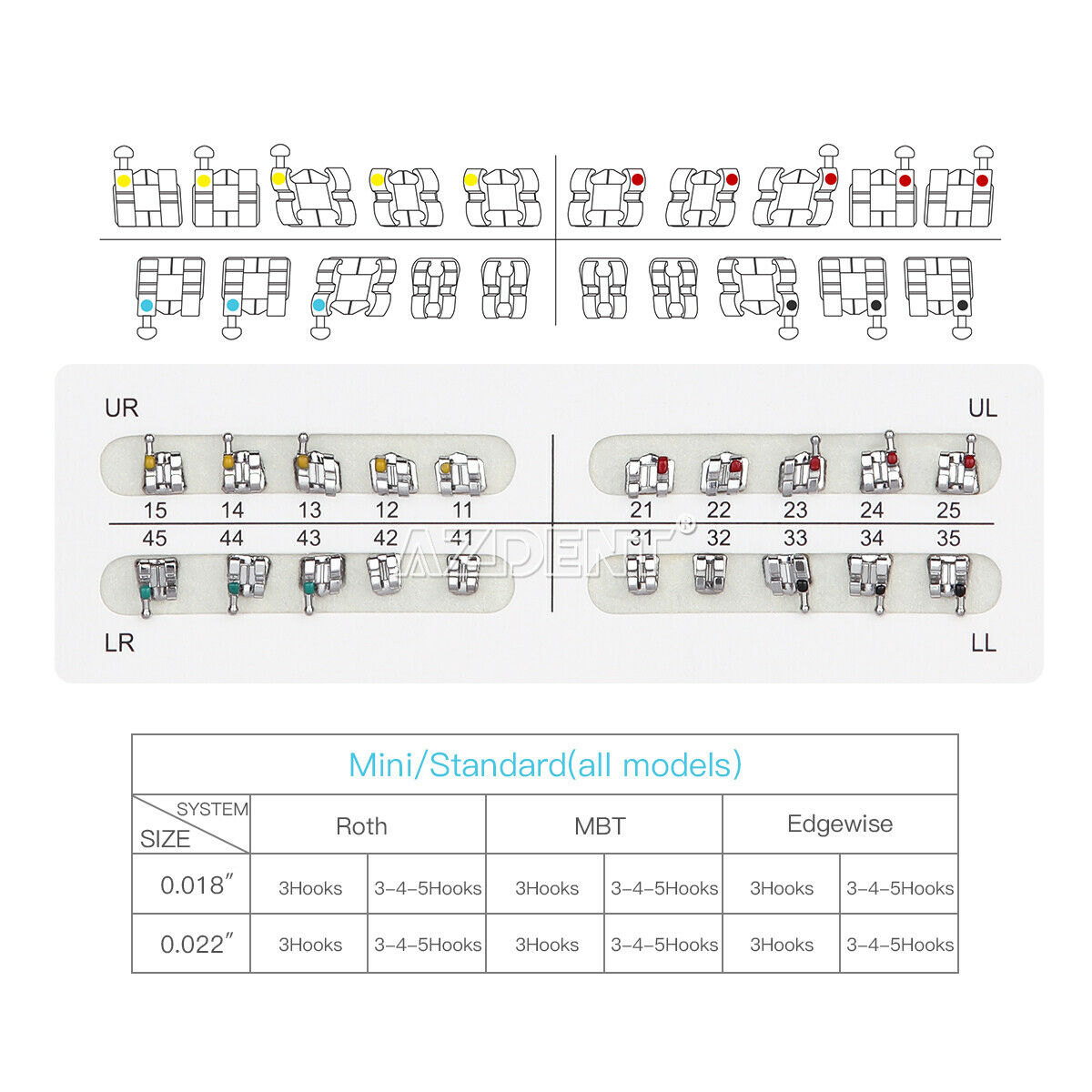 10 kits AZDENT Dental Orthodontic Brackets Braces Mini Roth .022" Hooks 3-4-5