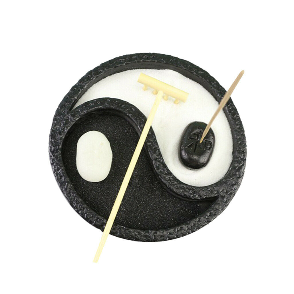15cm Round Mini Yin Zen Garden w/Rake Desktop Meditating Sandbox Decor Black