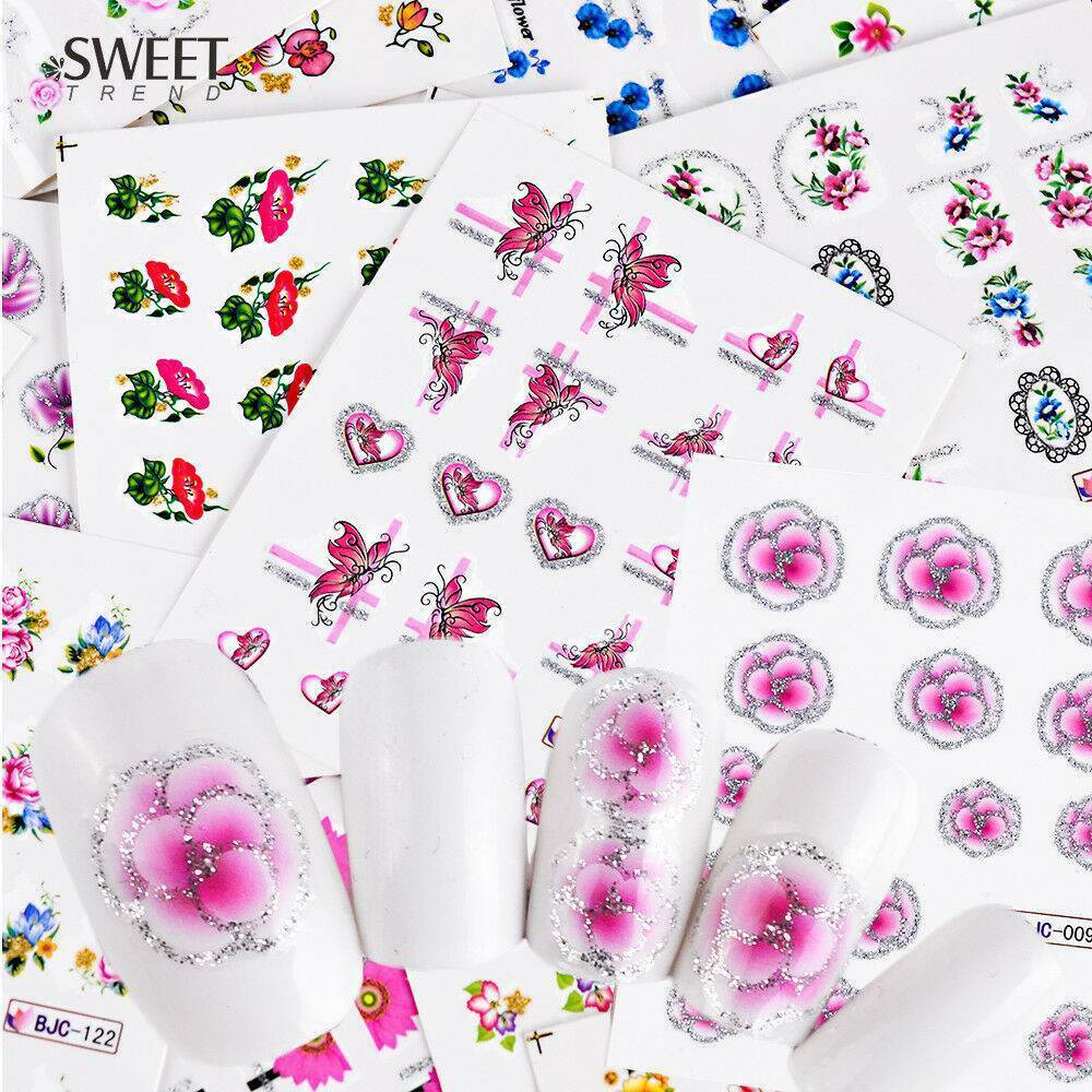 55x Nail Water Cherry Decals Flower Butterfly Nail Art Transfer Stickers Decors