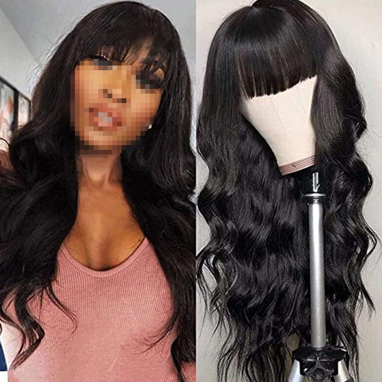 Full Neat Bangs Synthetic Hair Wigs Long Body Wave Heat Resistant Black Women
