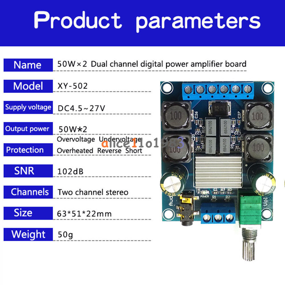 TPA3116 D2 50W+50W Dual Channel DC4.5-27V Digital Power Amplifier 50Wx2 Stereo