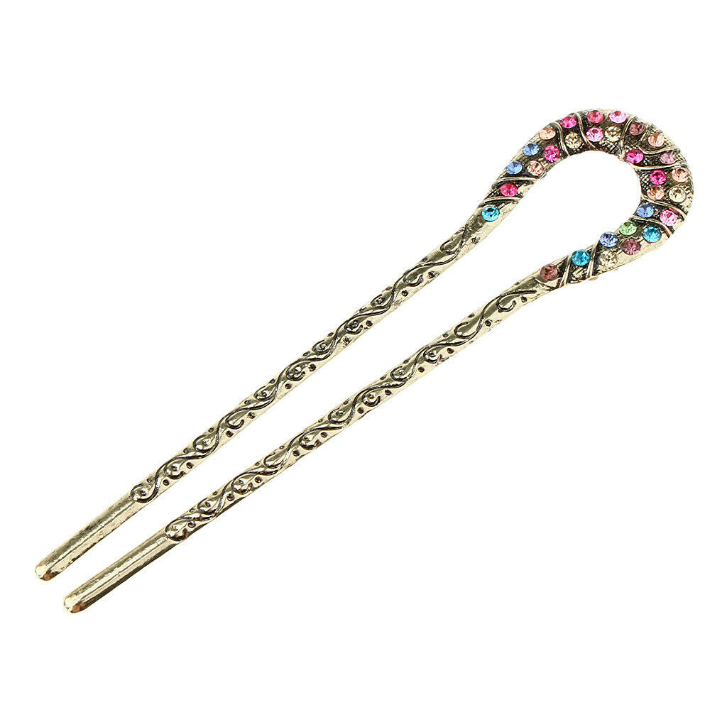 Retro Chinese Rhinestone Fork Hair Stick Wedding Bridal Chignon Pin Colorful