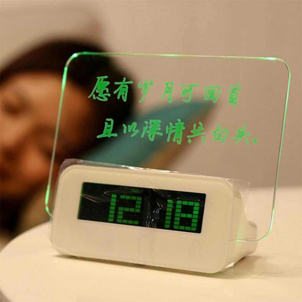LED Digital Fluorescent Message Board Date Time Alarm Clock MKC White + Green