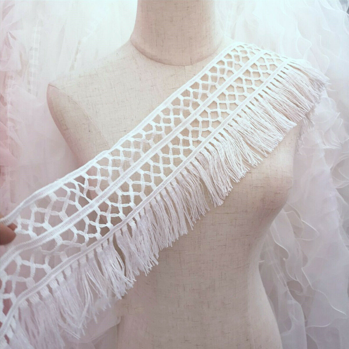 100cm White Lace Edge Trim Tassel Curtain Wedding Dress Fringe DIY Sewing Craft