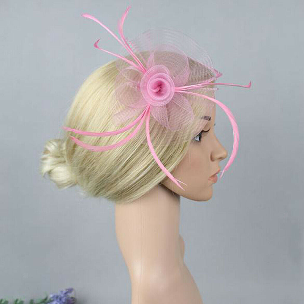 Flower Net Feather Fascinator Beak Clip Wedding Race Ladies Fascinator Pink