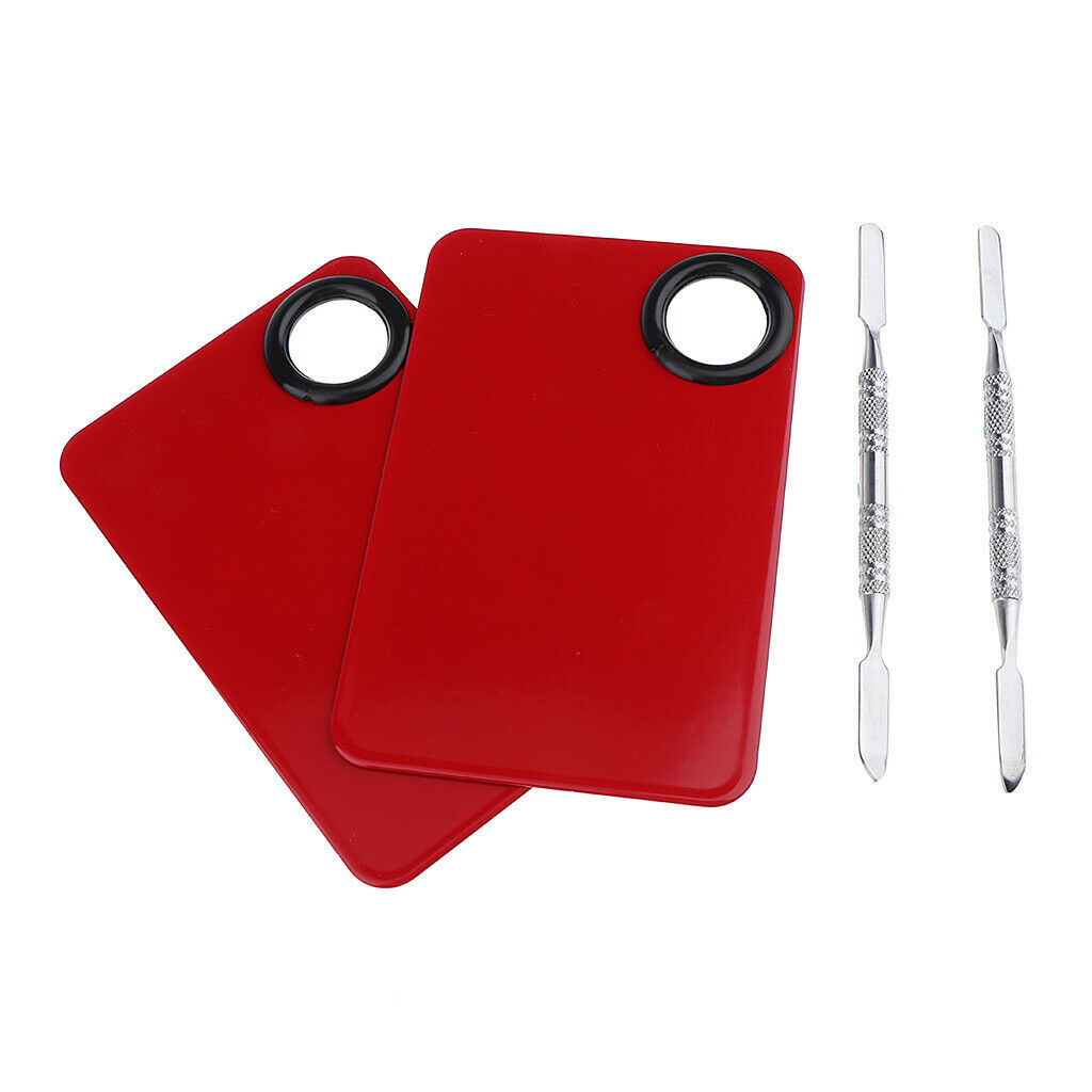 2x Retangle Nail Art Paint Makeup Foundation Mixing Palette w/ Spatula Set Red