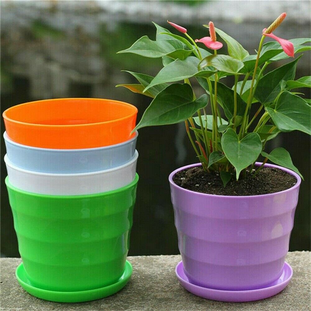 5-PACK Round Plastic Glossy Garden Plant Pots Flower Pots Planter Tub w/Tray Set