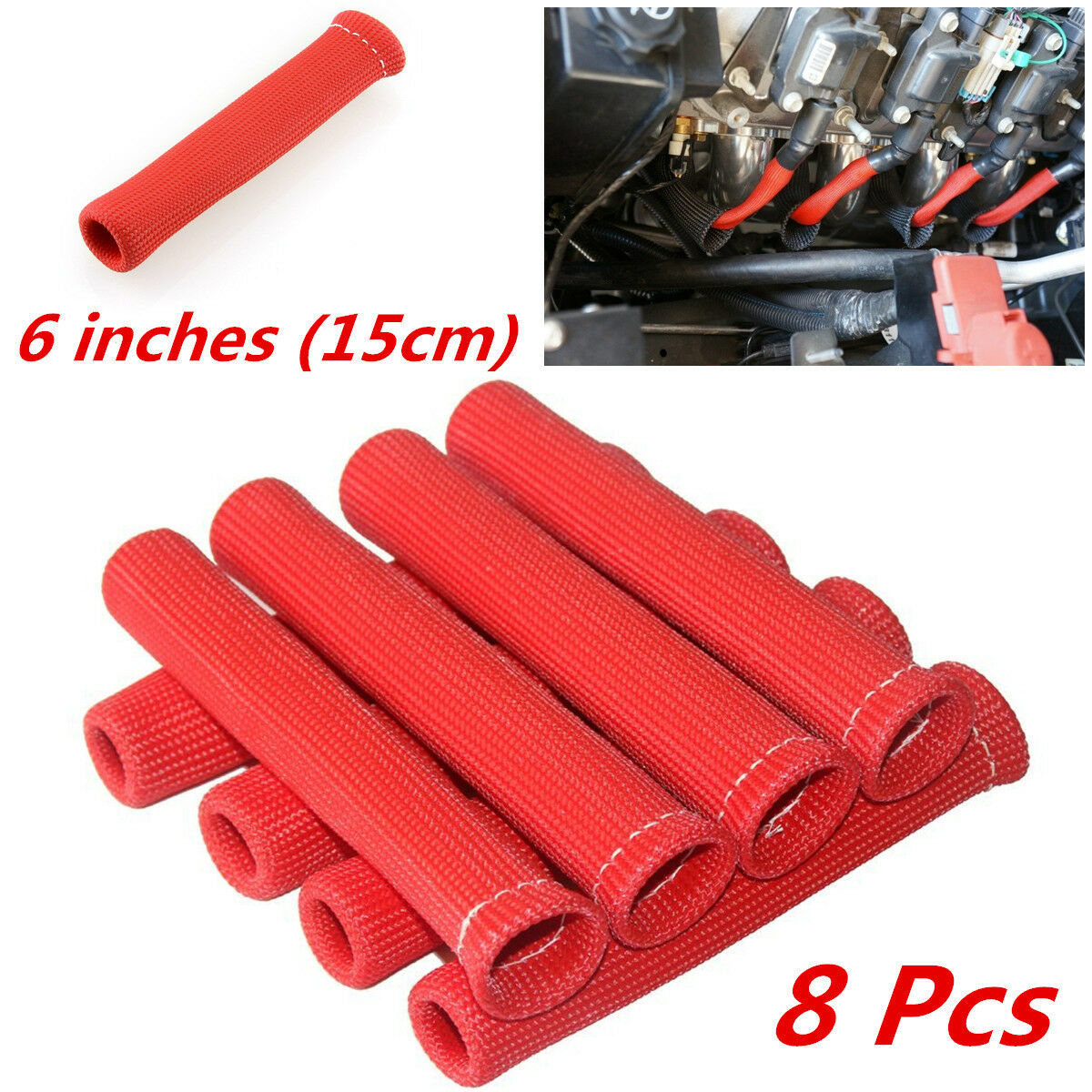 8pc Red 1200° Spark Plug Wire Protector Cover Heat Shield Sleeve SBC BBC 350 454