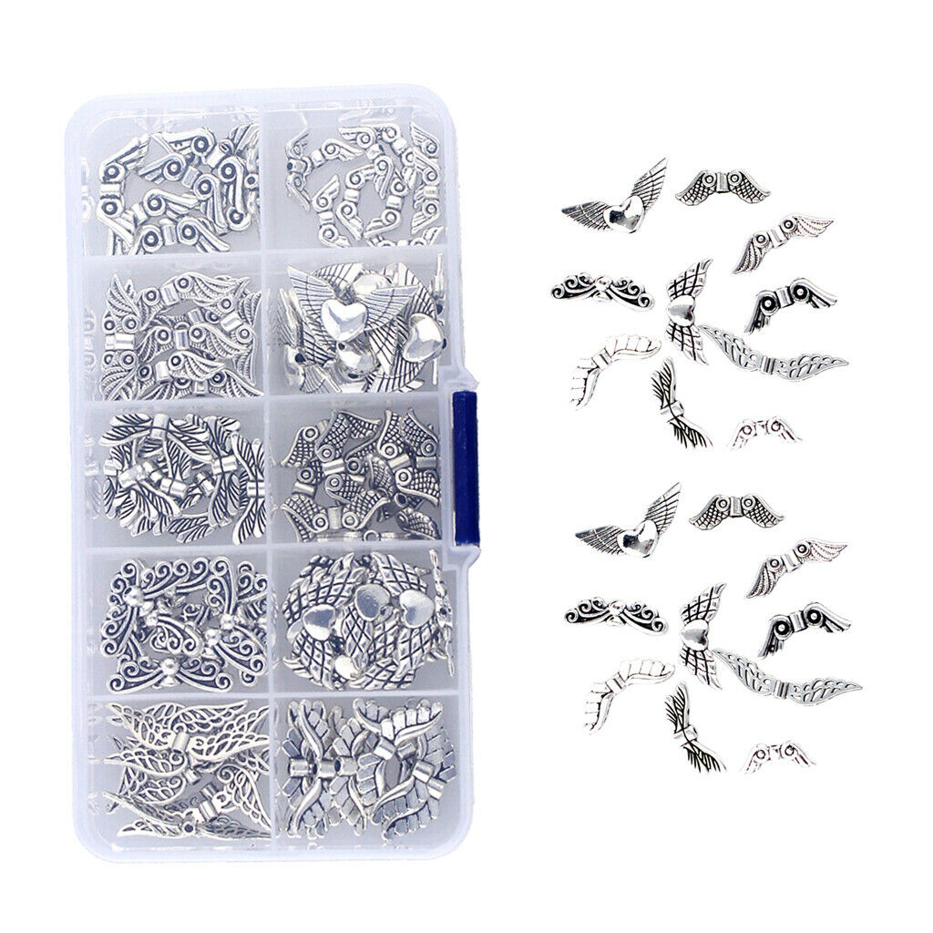 100Pcs Assorted Spacer Beads 10 Styles Angel Wings Bead Charm DIY Jewelry