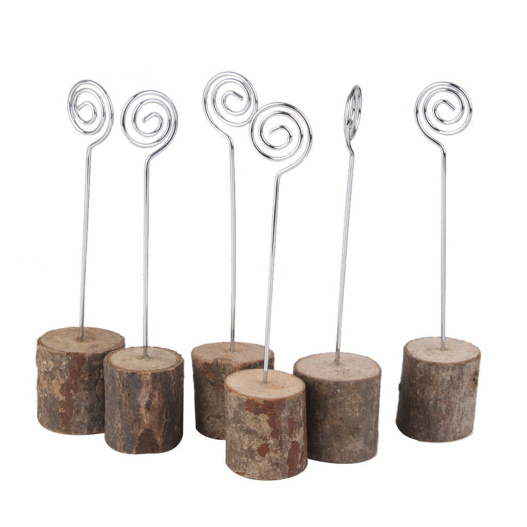 16PCS Wooden Base Place Card Holders, Rustic Iron Wire Picture Picks Clip Holder
