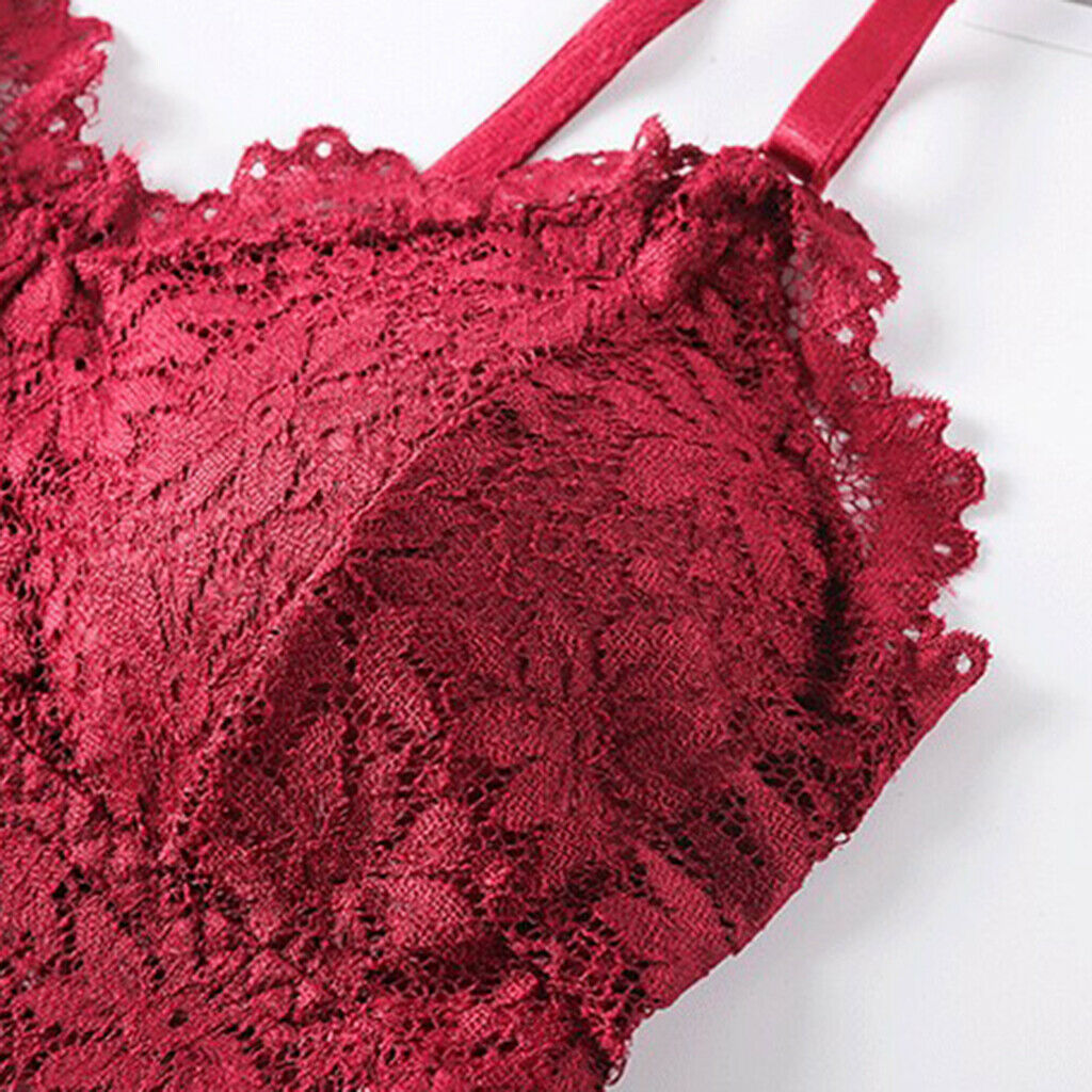 Womens Lace Floral Bralette Bra Bustier Padded Crop Top Tank Tops Wine Red