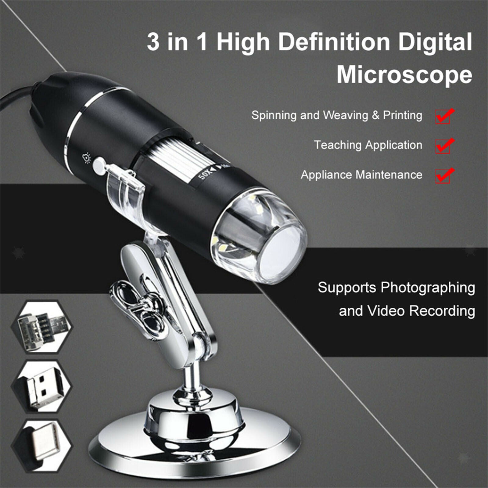USB Magnification Microscope Digital with 8 LED 3 in 1 Adjustable Magnifier