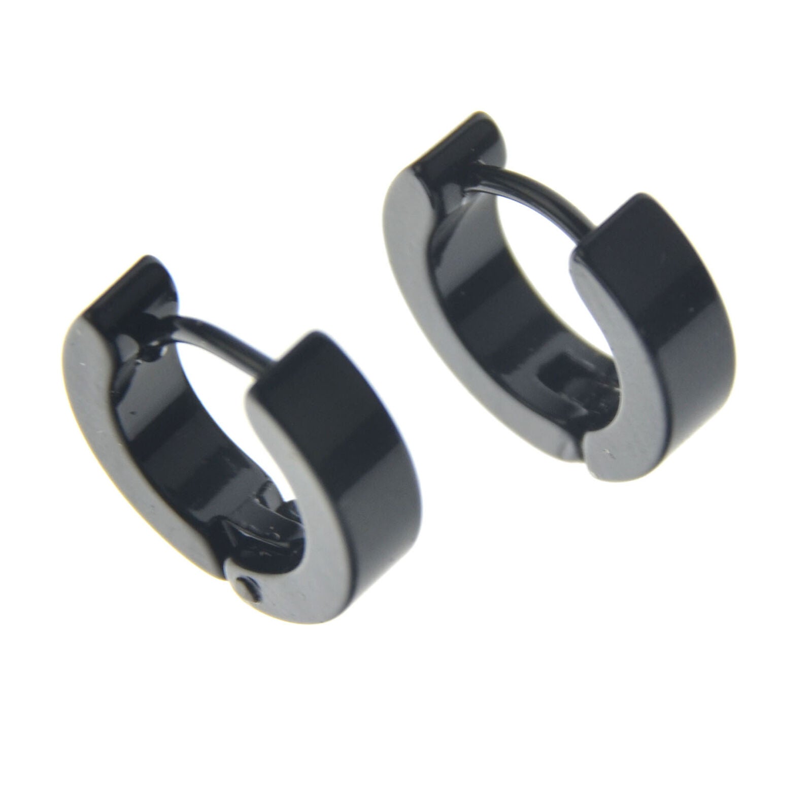 Men's Stainless Steel Black Hoop Hinged Huggie Earrings Stud Plug Ear 1 Pair New