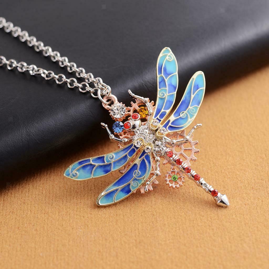 Steampunk Crystal Dragonfly Shaped Gear Pendant Women Gothic Necklace  Red