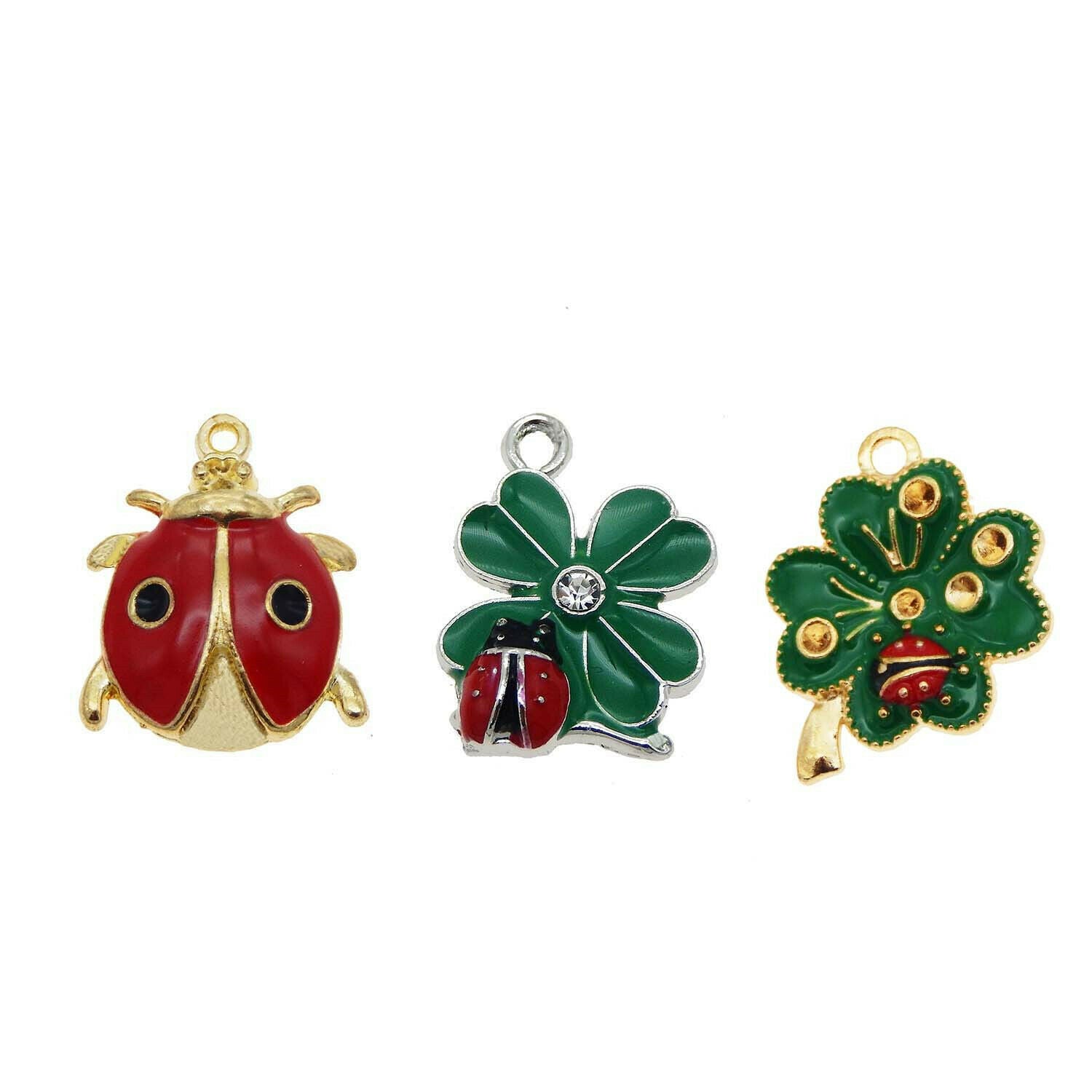 12 pcs Colorful Enamel Alloy Ladybug and Clover Leaf Charm Necklace Pendant