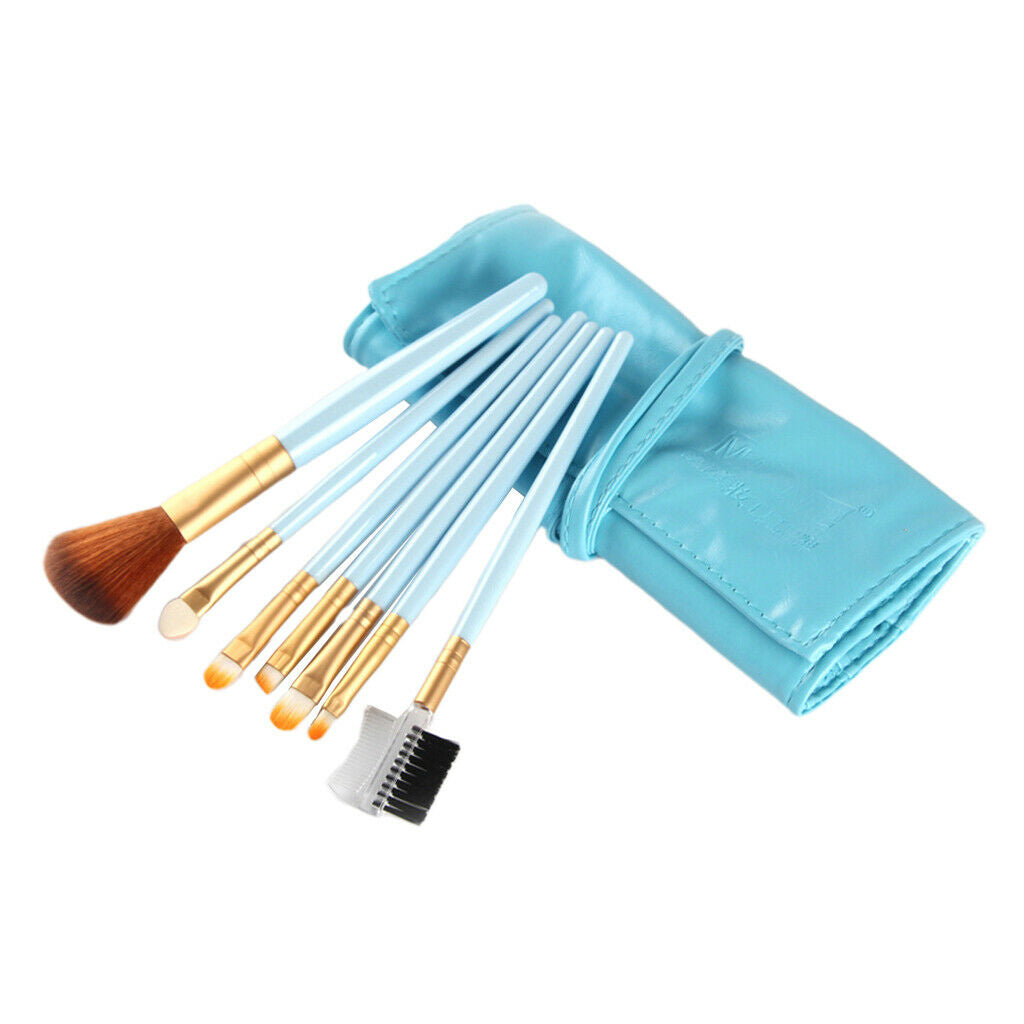 7Pcs Professional Eye MakeupBrush Set W/Pouch For Eye Shader Eyeliner Blue