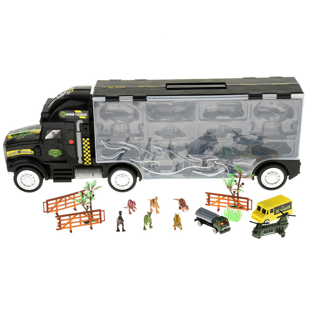 Pack of 16 Dinosaur Truck Carrier with Dinosaur Figures, Cars, Airplane and