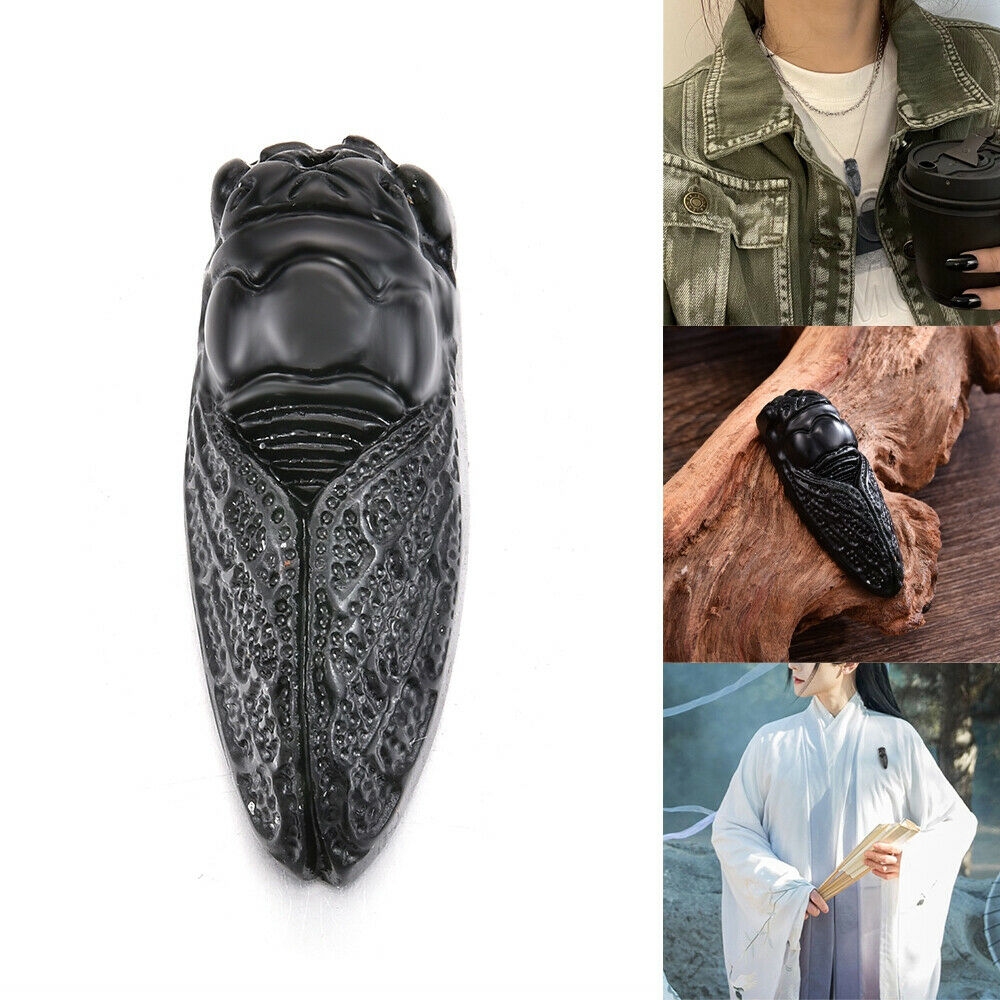 New Obsidian Natural Black Green Jade Hand Carved Cicada Good Luck Necklace CA