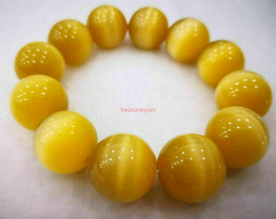 Beautiful yellow cat's eye stone beads bracelet Jewelry 20mm 7.5"A++