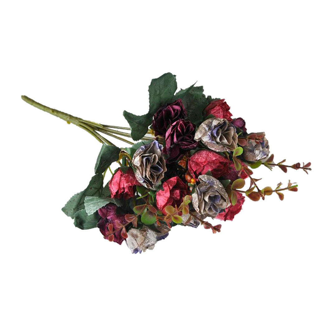 21-Head Silk Flower Artificial Rose Wedding Floral Bouquet Decor Dark Red