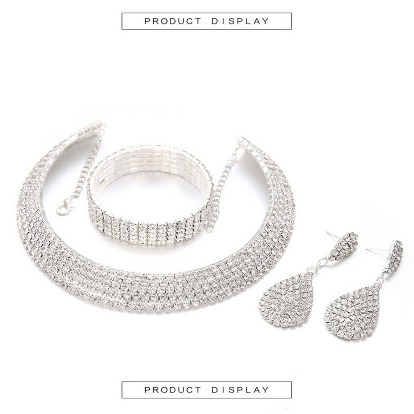 Rhinestone Jewelry Set Bride Ladies Crystal Necklace Earring Bracelet Wedding