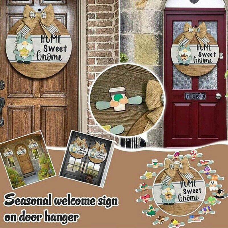 Welcome Sign Front Door Hanger Interchangeable Home Sweet Gnome Cute WelcomeA9U3