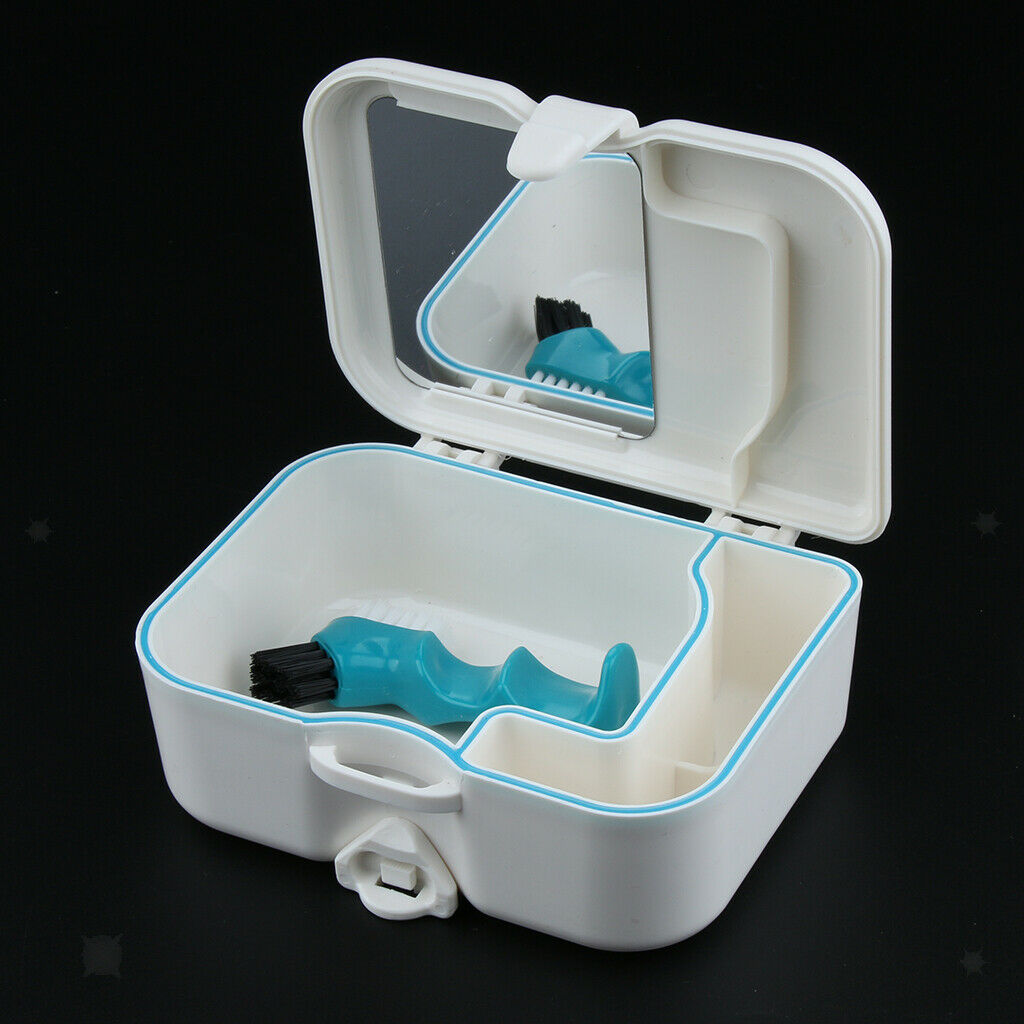 Denture Travel Case with Built In Mirror and Brush – Sturdy, Compact,