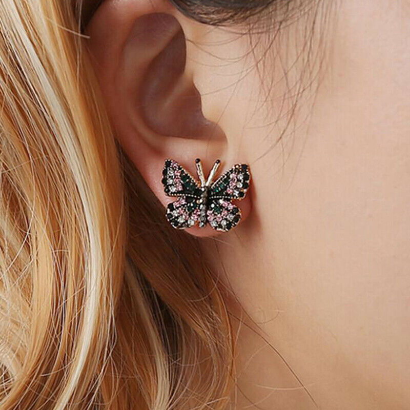 Fashion Rhinestone Crystal Colorful Butterfly Stud Earrings Luxury Women .l8