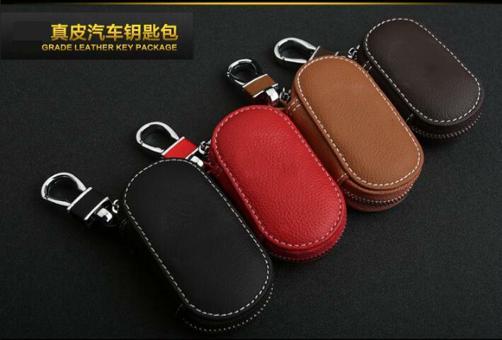 1pcs Universal Top Layer Leather Car Smart Remote Key Holder Bag Fob Case Brown