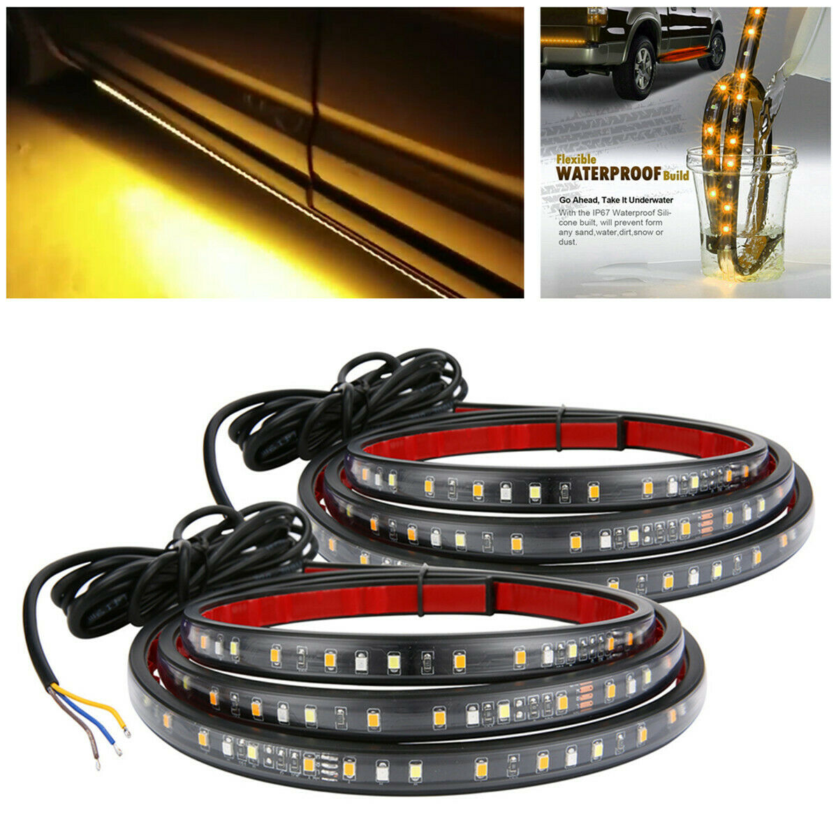 2 Pcs 60" LED Strips For Car Pedal Amber Running and White Door Open & Unlock