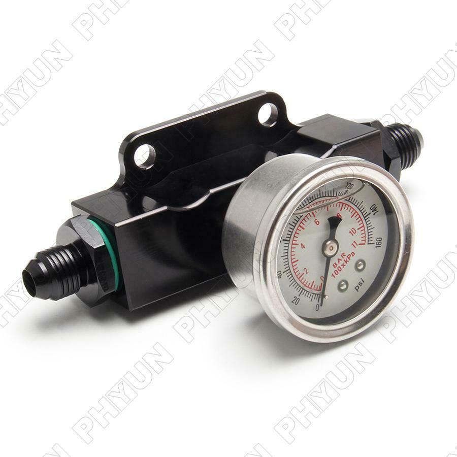 Universal Inline 6 AN AN6 Fuel Filter w/ 1 / 8 NPT Pressure Gauge Black Billet