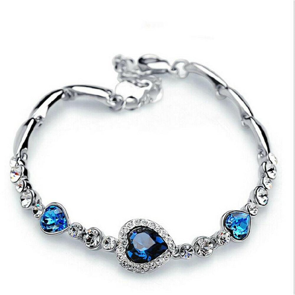 Fine Fashion Women Blue Crystal Rhinestone Heart Charm Bangle Bracelet Gift