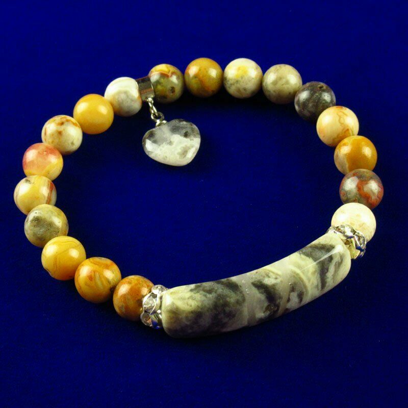 Natural Yellow Crazy Lace Agate Ball Oblong Heart Rhinestone Stretchy Bracelet