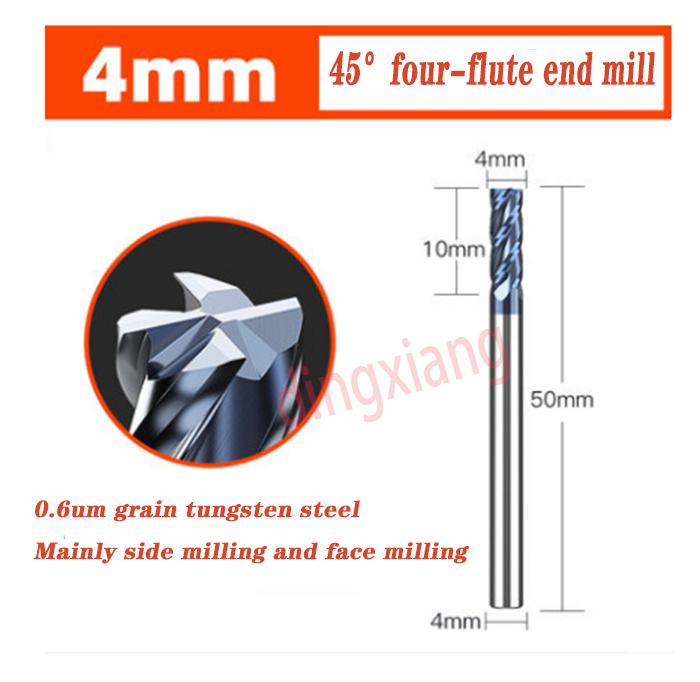 45° 4- Flute Tungsten carbide Milling Cutter 4X50X4X10mm CNC Machining End Mill