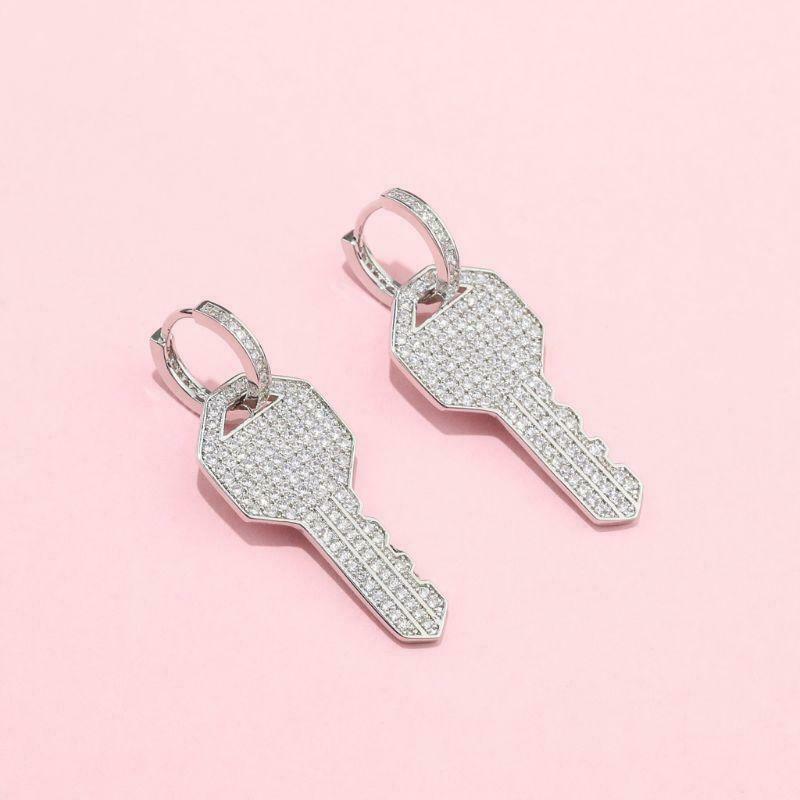 Shiny Full Rhinestone Crystal Key Charm Dangle  Hoop Earrings Women Girlfriend