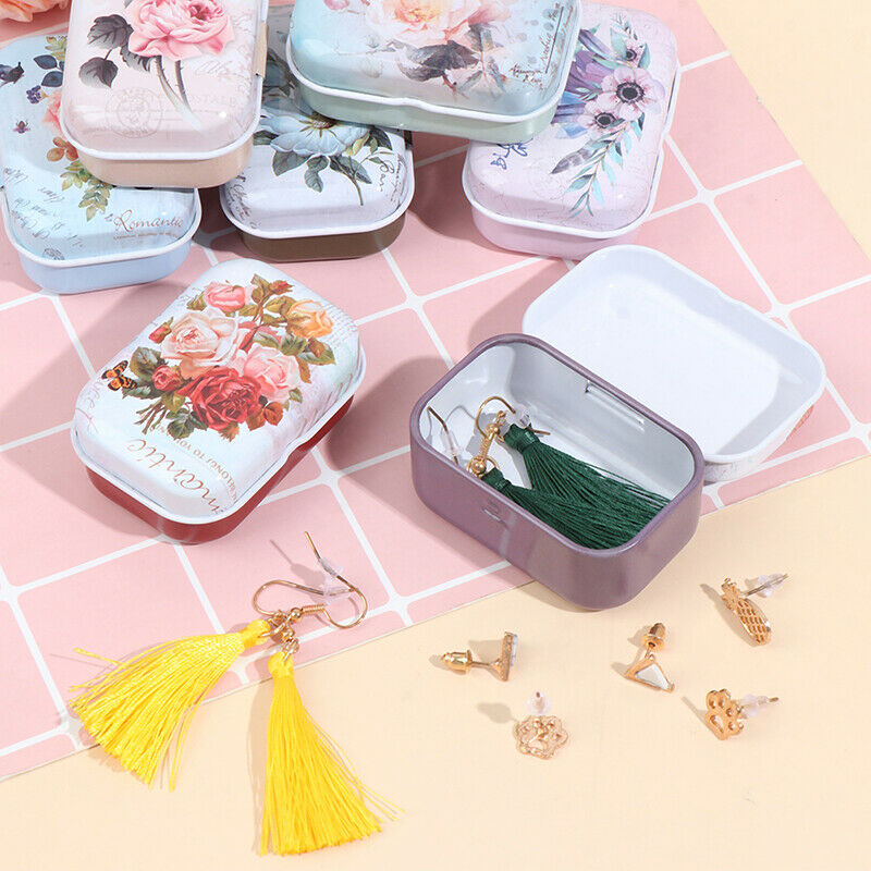 Mini Flower Tin Trinket Jewelry Coin Box Tinplate Storage Case Rectangul Sug Qx