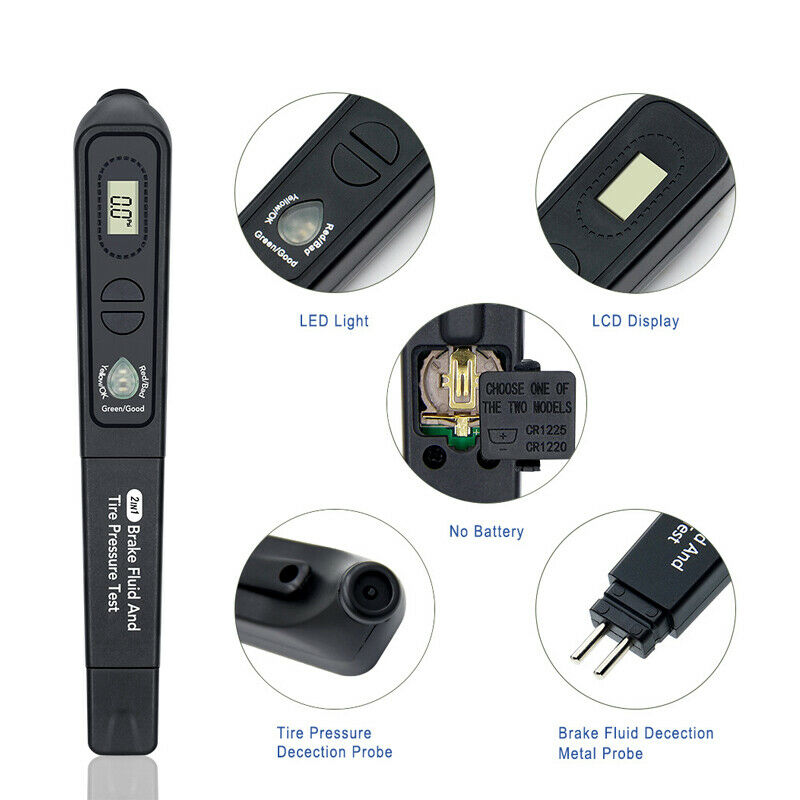 Brake fluidand Liquid Tester Pen With 5 LED Tire Pressure Test 2 IN 1 LCD Safety