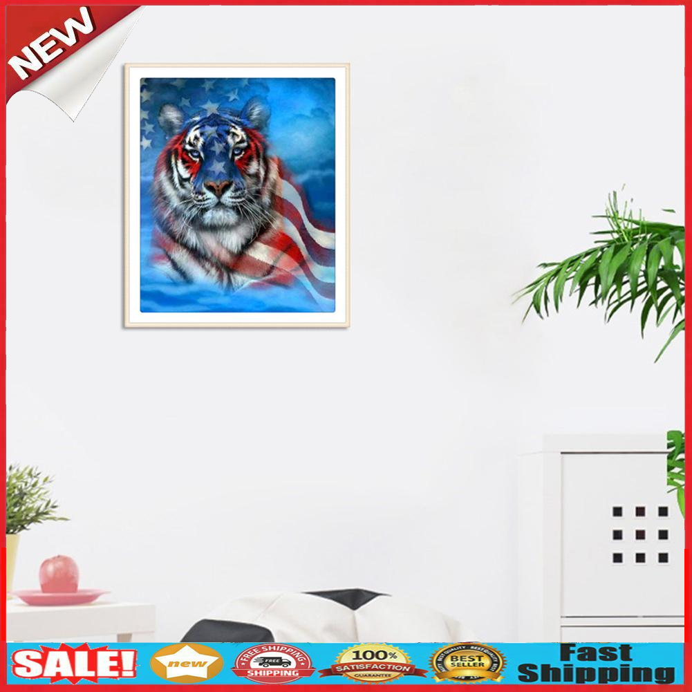 The US Flag Tiger 5D Full Drill Round Diamond Painting Embroidery Kits Gift @