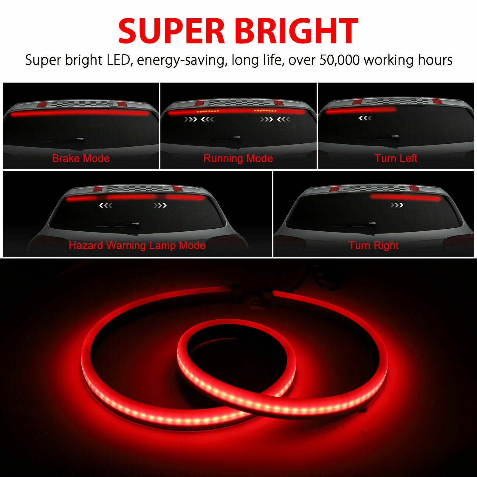 40inch Car LED Rear 3rd Stop Brake Strip Light Signal Lamp Driving Warning Turn