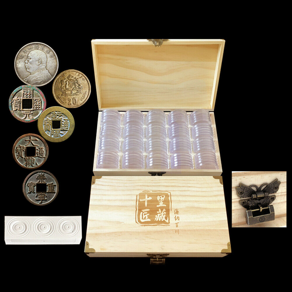 100Pcs 46mm Plastic Coin Round Capsules with Inner Pad + Wooden Box Collect Case