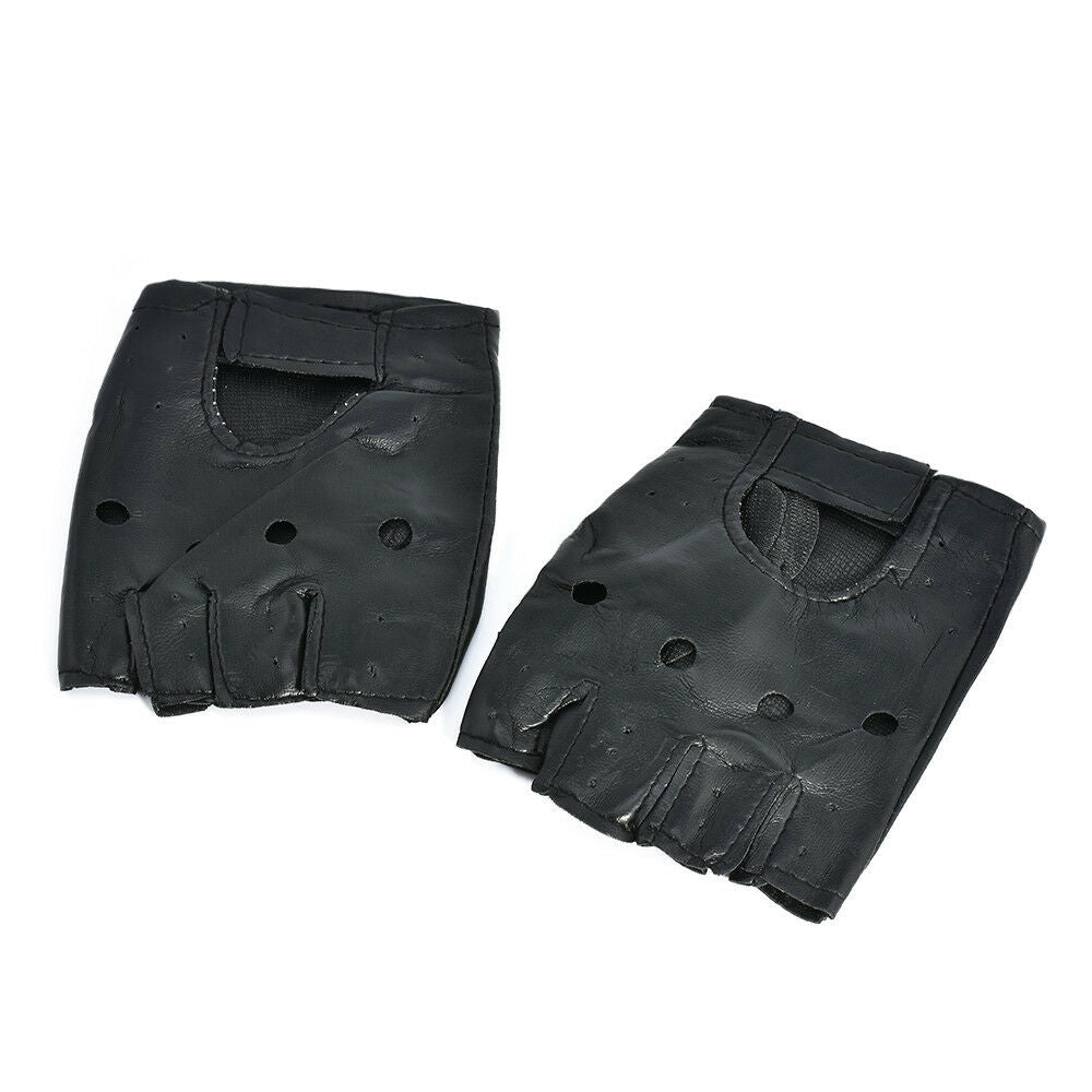 Men's Punk PU Leather Gloves Half Finger Fingerless Biker Sports Cycling Black