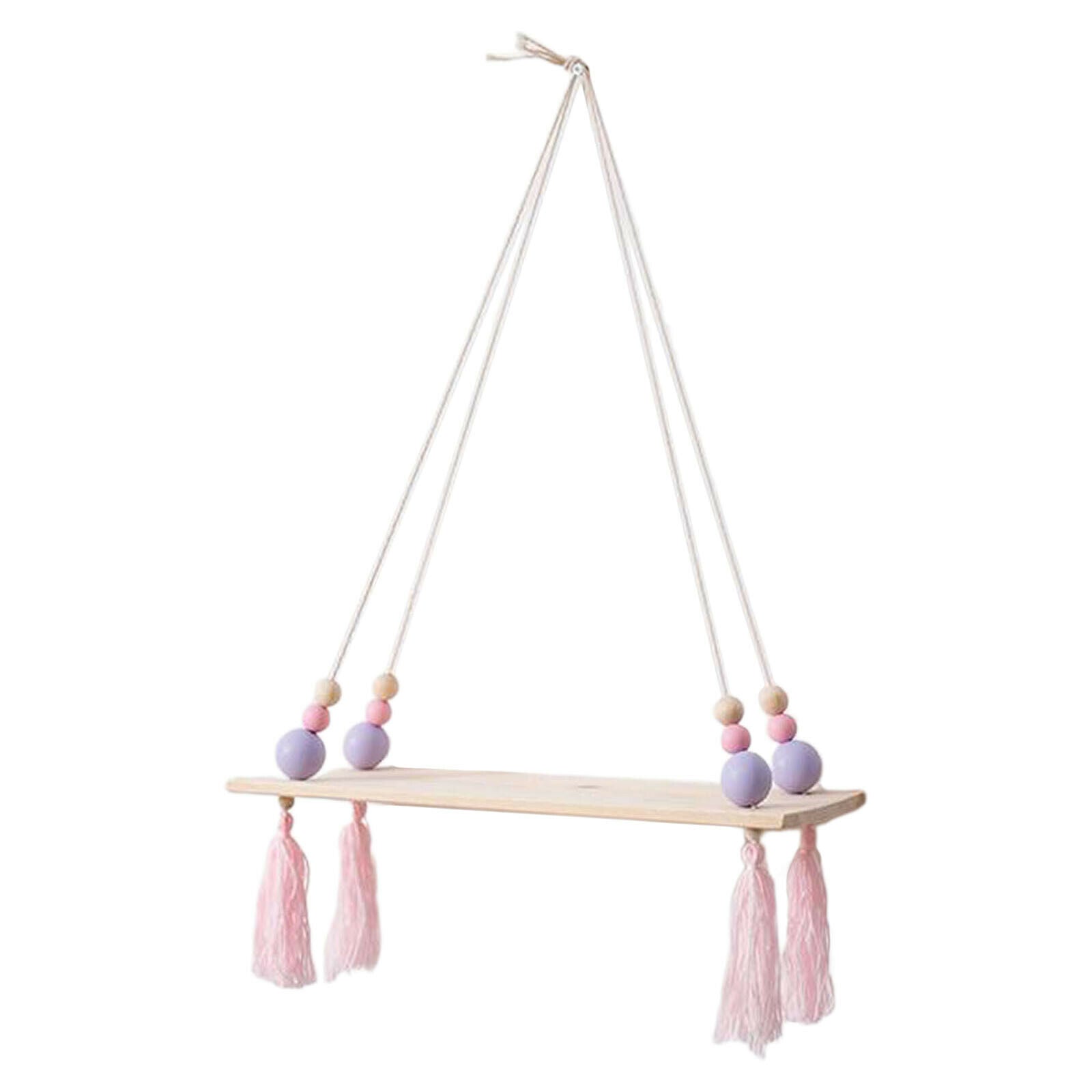 Wooden Wall Shelf Rope Hanging Floating Shelf Flower Pot Stand Purple Bead