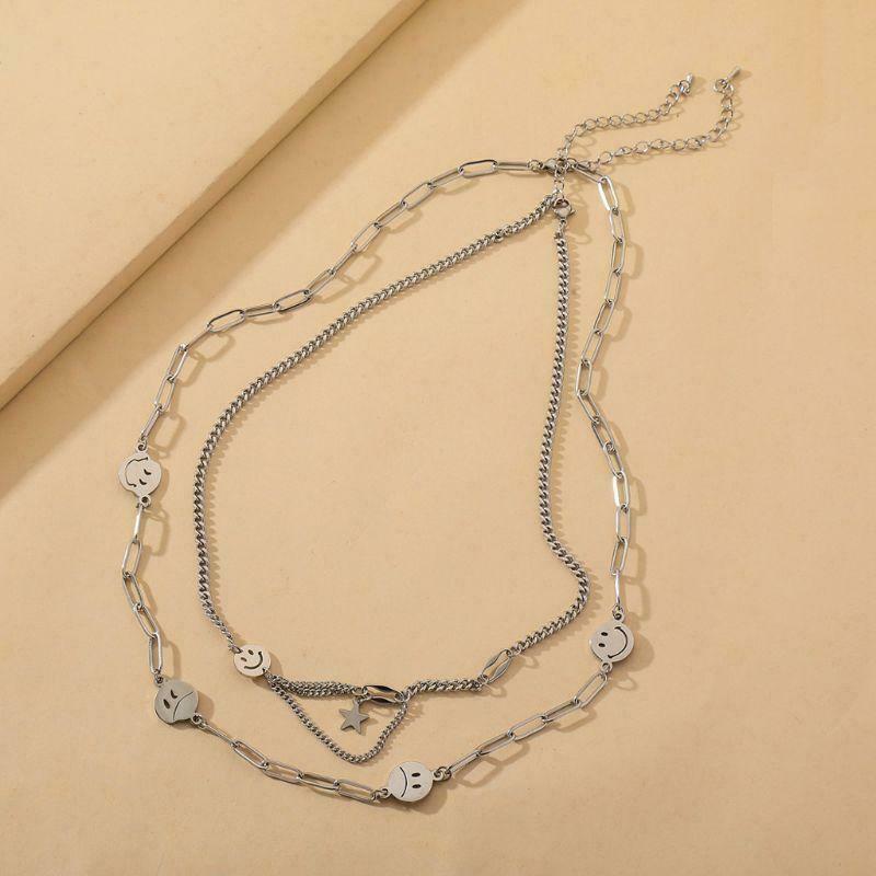Titanium Steel Happy Smiley Crying Face Charm Pendant Necklace Kits Jewerly 2Pcs