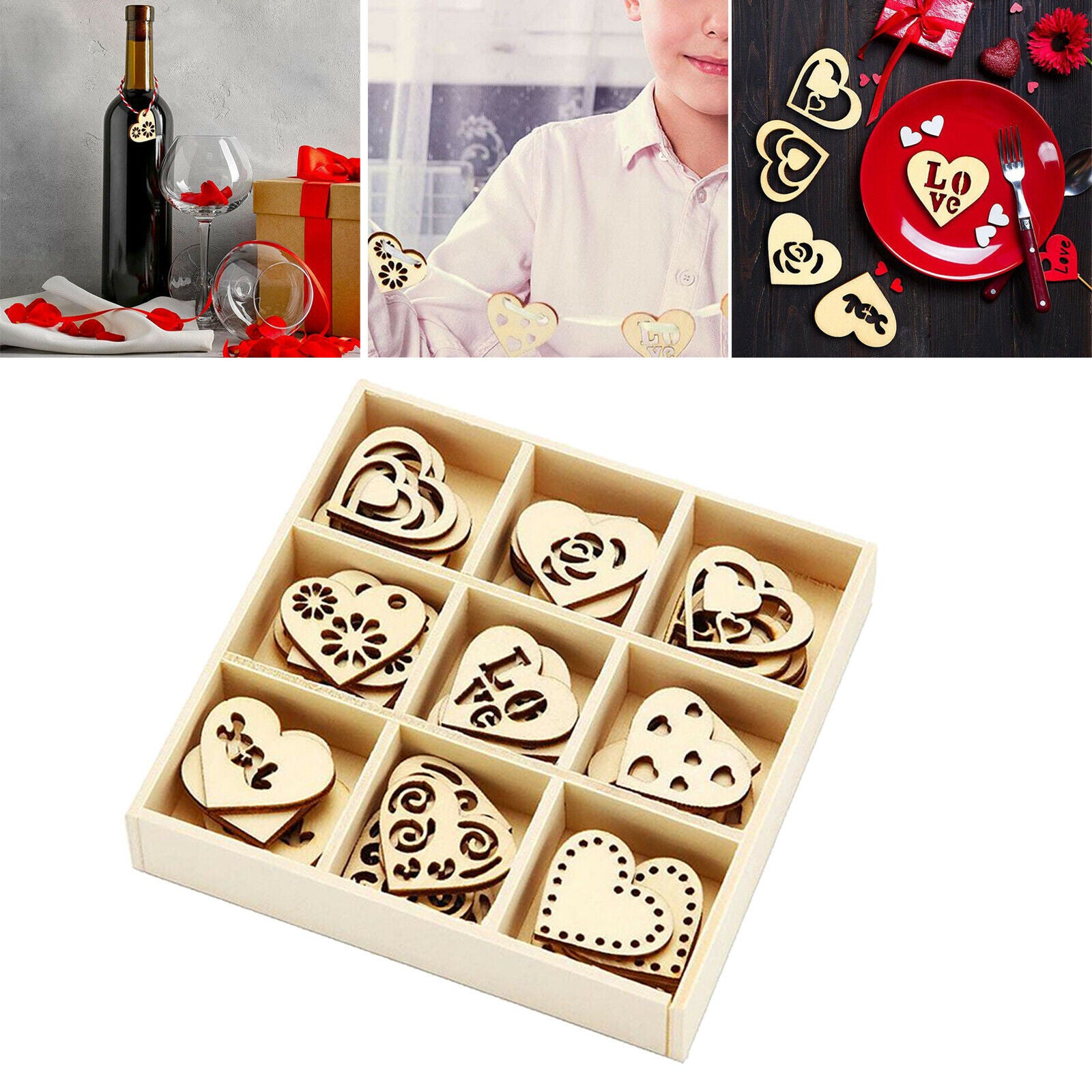 45Pcs Wooden Ornaments Heart Wood Embellishments Crafts Set Hollow Design with