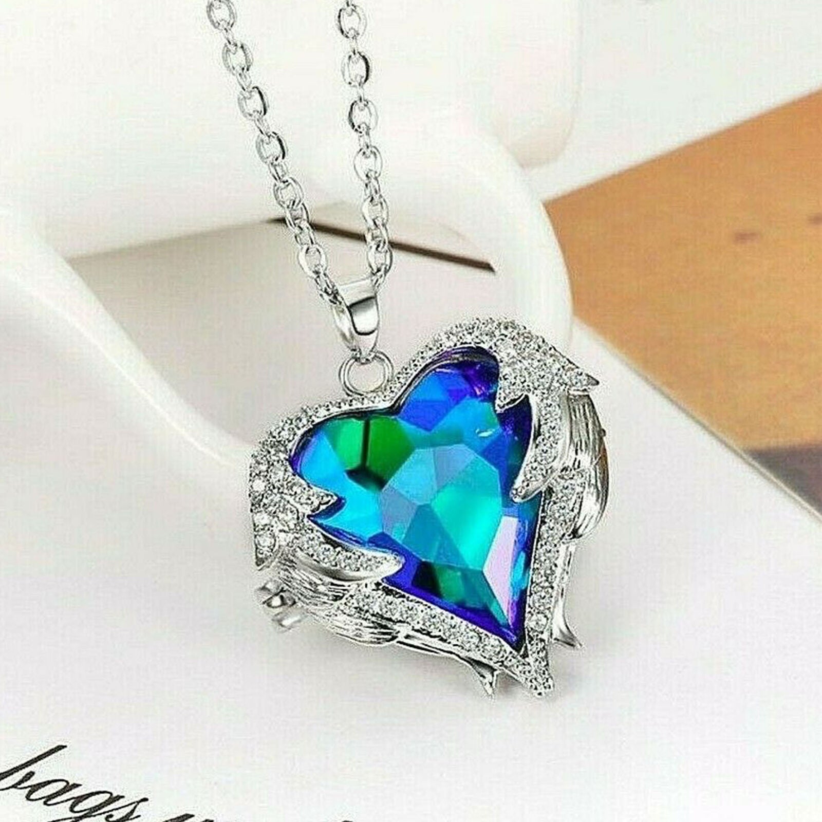 Mother's Day Gift Angel Wing Pendant Necklace Crystal Blue Heart With Gift Bag