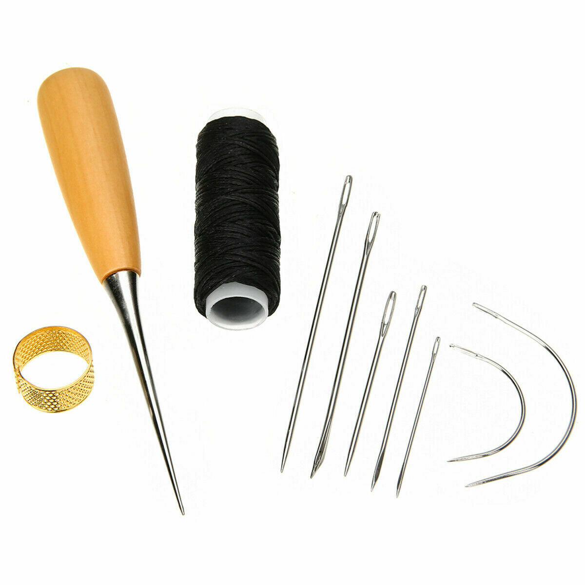 10pc Sewing Needles Stitching Leather Waxed Thread Cord Sew Drilling Awl Thimble